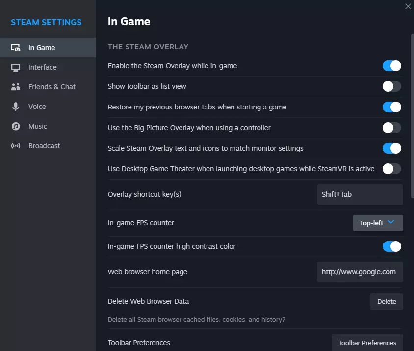 Steam Settings — In-game FPS counter